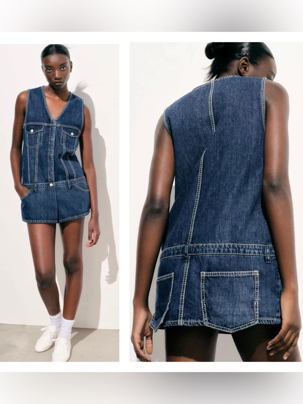 NWT ZARA V-Neck Denim Romper Dress Preppy M